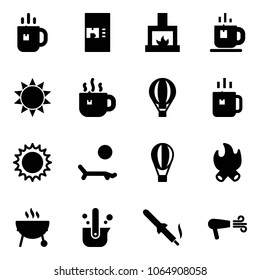 Solid vector icon set - tea vector, coffee machine, fireplace, sun, hot, air balloon, green, lounger, fire, grill, casting of steel, soldering iron, dryer
