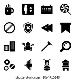 Solid vector icon set - tea vector, elevator, schedule, lollipop, no limit road sign, shield cross, fast backward, flag, building, robot, mason hammer, magnifier, rivet, allen key set, pyramid toy