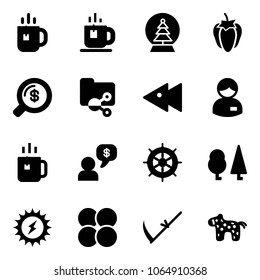 Solid vector icon set - tea vector, snowball tree, sweet pepper, money search, shared folder, fast backward, manager, green, dialog, hand wheel, forest, sun power, atom core, scythe, toy horse