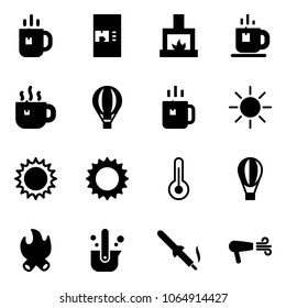 Solid vector icon set - tea vector, coffee machine, fireplace, hot, air balloon, green, sun, thermometer, fire, casting of steel, soldering iron, dryer