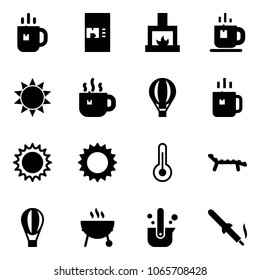 Solid vector icon set - tea vector, coffee machine, fireplace, sun, hot, air balloon, green, thermometer, lounger, grill, casting of steel, soldering iron