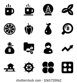 Solid vector icon set - tea vector, snowball tree, three leafs, lemon slice, sweet pepper, pear, money search, bag, shared folder, manager, growth arrow, bungalow, hand wheel, atom core