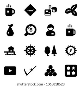 Solid vector icon set - tea vector, smoking area sign, tonometer, three leafs, pear, money search, manager, green, bungalow, hand wheel, forest, sun power, playback, scythe, billiards balls
