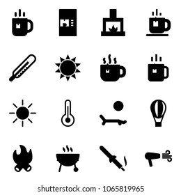 Solid vector icon set - tea vector, coffee machine, fireplace, thermometer, sun, hot, green, lounger, air balloon, fire, grill, soldering iron, dryer