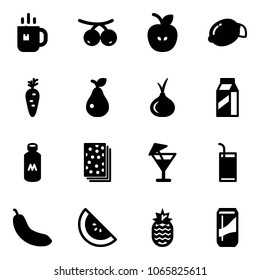 Solid vector icon set - tea vector, rowanberry, apple, lemon, carrot, pear, onion, milk, breads, drink, banana, watermelone, pineapple