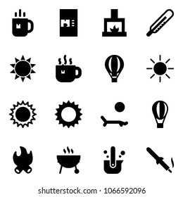 Solid vector icon set - tea vector, coffee machine, fireplace, thermometer, sun, hot, air balloon, lounger, fire, grill, casting of steel, soldering iron