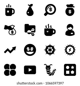 Solid vector icon set - tea vector, pear, money search, bag, encashment, shared folder, hot, manager, growth arrow, smile, hand wheel, sun power, atom core, playback, toy caterpillar, cube hole