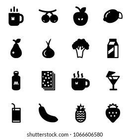 Solid vector icon set - tea vector, rowanberry, apple, lemon, pear, onion, broccoli, milk, breads, hot, drink, banana, pineapple, strawberry
