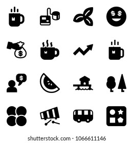 Solid vector icon set - tea vector, tonometer, three leafs, dollar smile, encashment, hot, growth arrow, green, money dialog, watermelone, bungalow, forest, atom core, xylophone, toy bus, cube hole