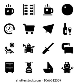 Solid vector icon set - tea vector, plane seats, record, clock around, cart, paper fly, wine, beach, robot, clinch, machine tool, cabinet, pyramid toy, sailboat