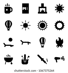 Solid vector icon set - tea vector, coffee machine, fireplace, sun, air balloon, lounger, fire, grill, casting of steel, soldering iron, dryer