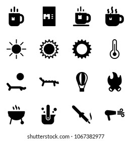 Solid vector icon set - tea vector, coffee machine, hot, sun, thermometer, lounger, air balloon, fire, grill, casting of steel, soldering iron, dryer