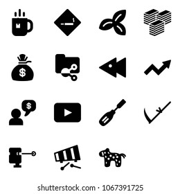 Solid vector icon set - tea vector, smoking area sign, three leafs, big cash, money bag, shared folder, fast backward, growth arrow, dialog, playback, chisel, scythe, laser lever, xylophone