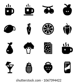 Solid vector icon set - tea vector, rowanberry, apple, lemon, carrot, slice, sweet pepper, pear, broccoli, breads, hot, drink, pineapple, strawberry