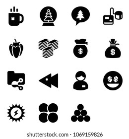 Solid vector icon set - tea vector, snowball tree, merry christmas message, tonometer, sweet pepper, big cash, money bag, shared folder, fast backward, manager, smile, sun power, atom core