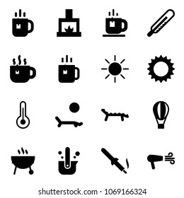 Solid vector icon set - tea vector, fireplace, thermometer, hot, green, sun, lounger, air balloon, grill, casting of steel, soldering iron, dryer