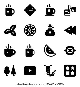 Solid vector icon set - tea vector, smoking area sign, tonometer, three leafs, lemon slice, money bag, fast backward, hot, green, watermelone, hand wheel, forest, playback, toy caterpillar