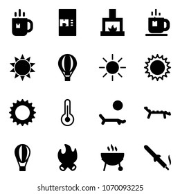 Solid vector icon set - tea vector, coffee machine, fireplace, sun, air balloon, thermometer, lounger, fire, grill, soldering iron