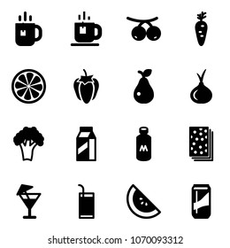 Solid vector icon set - tea vector, rowanberry, carrot, lemon slice, sweet pepper, pear, onion, broccoli, milk, breads, drink, watermelone