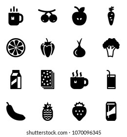 Solid vector icon set - tea vector, rowanberry, apple, carrot, lemon slice, sweet pepper, onion, broccoli, milk, breads, hot, drink, banana, pineapple, strawberry