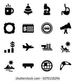 Solid vector icon set - tea vector, christmas tree, lab, stomach, currency, finance calendar, no bus road sign, telescope, dollar chart, plane, pool, beach, pyramid, skateboard, globe, boomerang
