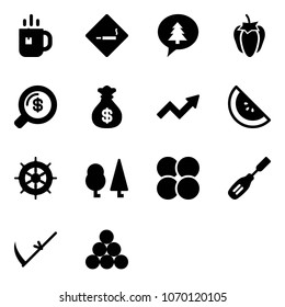 Solid vector icon set - tea vector, smoking area sign, merry christmas message, sweet pepper, money search, bag, growth arrow, watermelone, hand wheel, forest, atom core, chisel, scythe