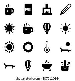 Solid vector icon set - tea vector, coffee machine, fireplace, thermometer, sun, hot, air balloon, lounger, grill, casting of steel