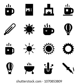 Solid vector icon set - tea vector, coffee machine, fireplace, thermometer, sun, hot, air balloon, green, grill, casting of steel, soldering iron