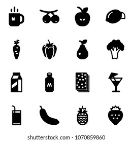 Solid vector icon set - tea vector, rowanberry, apple, lemon, carrot, sweet pepper, pear, broccoli, milk, breads, drink, banana, pineapple, strawberry