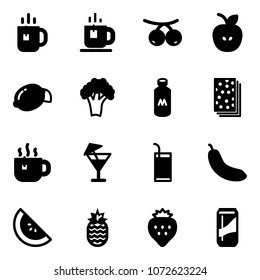 Solid vector icon set - tea vector, rowanberry, apple, lemon, broccoli, milk, breads, hot, drink, banana, watermelone, pineapple, strawberry