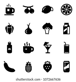 Solid vector icon set - tea vector, rowanberry, lemon, slice, sweet pepper, onion, broccoli, milk, hot, drink, banana, pineapple, strawberry
