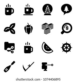 Solid vector icon set - tea vector, snowball tree, merry christmas message, three leafs, sweet pepper, big cash, money search, shared folder, green, watermelone, hand wheel, chisel, scythe