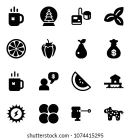 Solid vector icon set - tea vector, snowball tree, tonometer, three leafs, lemon slice, sweet pepper, pear, money bag, green, dialog, watermelone, bungalow, sun power, atom core, laser lever