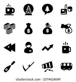 Solid vector icon set - tea vector, snowball tree, merry christmas message, tonometer, big cash, money bag, encashment, fast backward, manager, growth arrow, green, chisel, scythe, xylophone