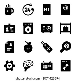 Solid vector icon set - tea vector, 24 hours, coffee machine, passport, identity, safe, baggage room, patient card, apple, medical label, bacteria, heart gear, brain, schedule, x ray