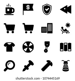 Solid vector icon set - tea vector, dollar flag, shield check, fast backward, cart, building, beach, t shirt, parasol, piston, battery, magnifier, nail dowel, screw, pyramid toy