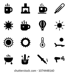 Solid vector icon set - tea vector, fireplace, thermometer, sun, hot, air balloon, lounger, grill, casting of steel, soldering iron, dryer