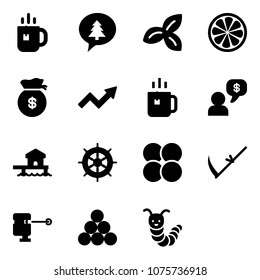 Solid vector icon set - tea vector, merry christmas message, three leafs, lemon slice, money bag, growth arrow, green, dialog, bungalow, hand wheel, atom core, scythe, laser lever, billiards balls