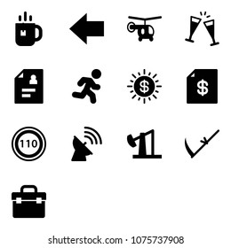 Solid vector icon set - tea vector, left arrow, helicopter, wine glasses, patient card, run, dollar sun, account statement, speed limit 110 road sign, satellite antenna, oil derrick, scythe