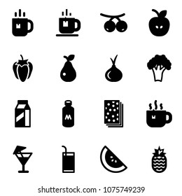 Solid vector icon set - tea vector, rowanberry, apple, sweet pepper, pear, onion, broccoli, milk, breads, hot, drink, watermelone, pineapple