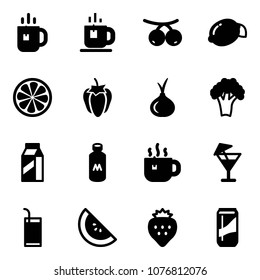 Solid vector icon set - tea vector, rowanberry, lemon, slice, sweet pepper, onion, broccoli, milk, hot, drink, watermelone, strawberry