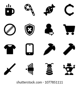 Solid vector icon set - tea vector, lollipop, candy, cent, no limit road sign, shield cross, user login, cart, t shirt, mobile phone, screw, clinch, allen key set, pyramid toy, robot