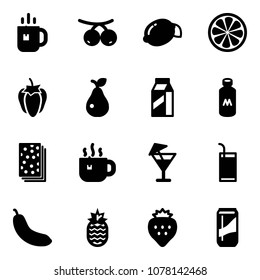 Solid vector icon set - tea vector, rowanberry, lemon, slice, sweet pepper, pear, milk, breads, hot, drink, banana, pineapple, strawberry