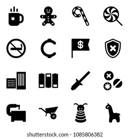 Solid vector icon set - tea vector, cake man, lollipop, no smoking sign, cent, dollar flag, shield cross, building, battery, clinch, rivet, machine tool, wheelbarrow, pyramid toy, giraffe