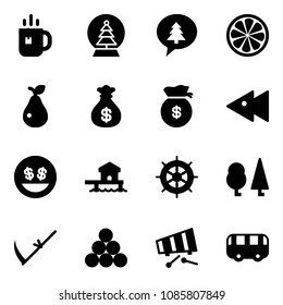 Solid vector icon set - tea vector, snowball tree, merry christmas message, lemon slice, pear, money bag, fast backward, smile, bungalow, hand wheel, forest, scythe, billiards balls, xylophone