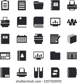 Solid vector icon set - team flat vector, calendar, clipboard, notebook, computer chart, file, sticker, printer, copy machine, book, notepad, textbook, sharing