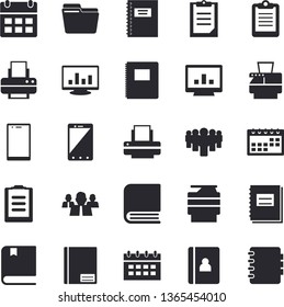 Solid Vector Icon Set - Team Flat Vector, Clipboard, Calendar, Notebook, Computer Chart, File, Printer, Copy Machine, Book, Textbook, Mobile