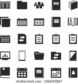 Solid vector icon set - team flat vector, calendar, clipboard, notebook, computer chart, file, sticker, textbook, sharing, mobile, book