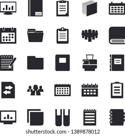 Solid Vector Icon Set - Team Flat Vector, Calendar, Clipboard, Notebook, Computer Chart, File, Sticker, Copy Machine, Book, Notepad, Textbook, Sharing