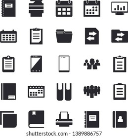 Solid Vector Icon Set - Team Flat Vector, Calendar, Clipboard, Notebook, Computer Chart, File, Sticker, Printer, Copy Machine, Book, Textbook, Sharing, Mobile